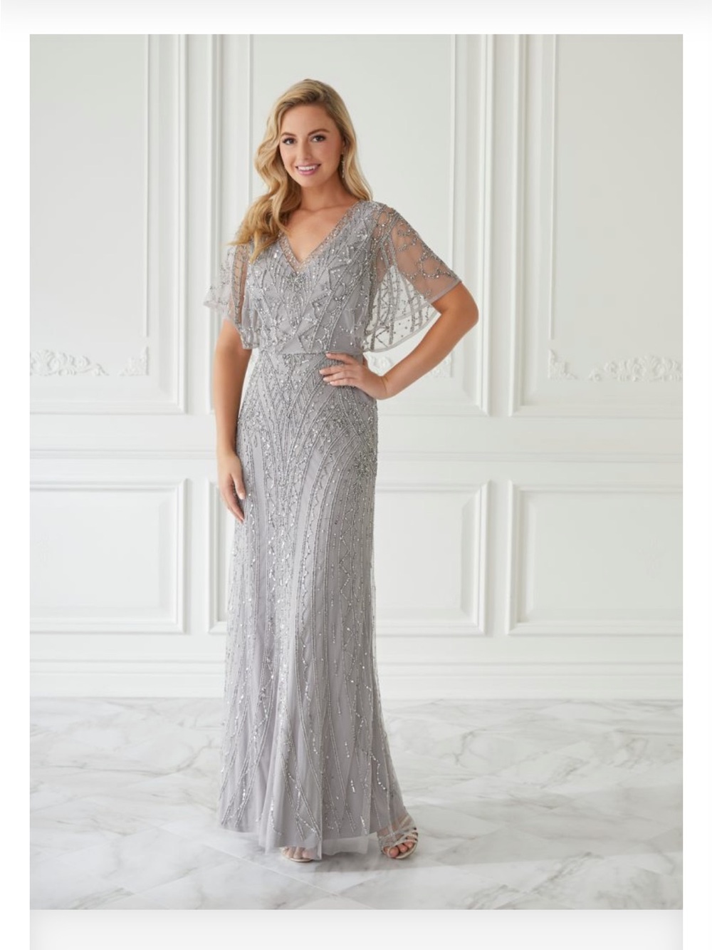 Christina Wu Silver Beaded V-Neck Evening Gown with Flutter Sleeves